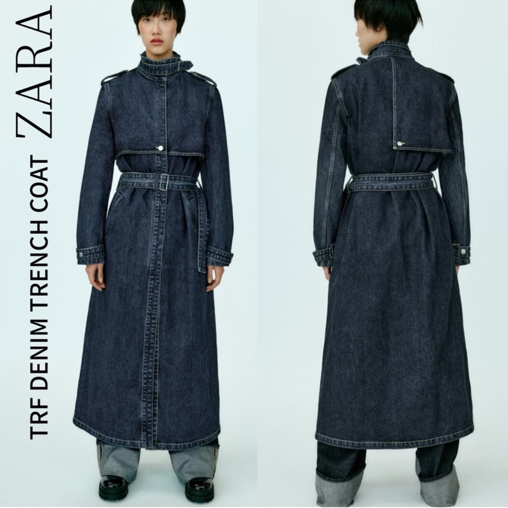 NWOT Zara Woman TRF Denim Trench Coat Navy Blue Small